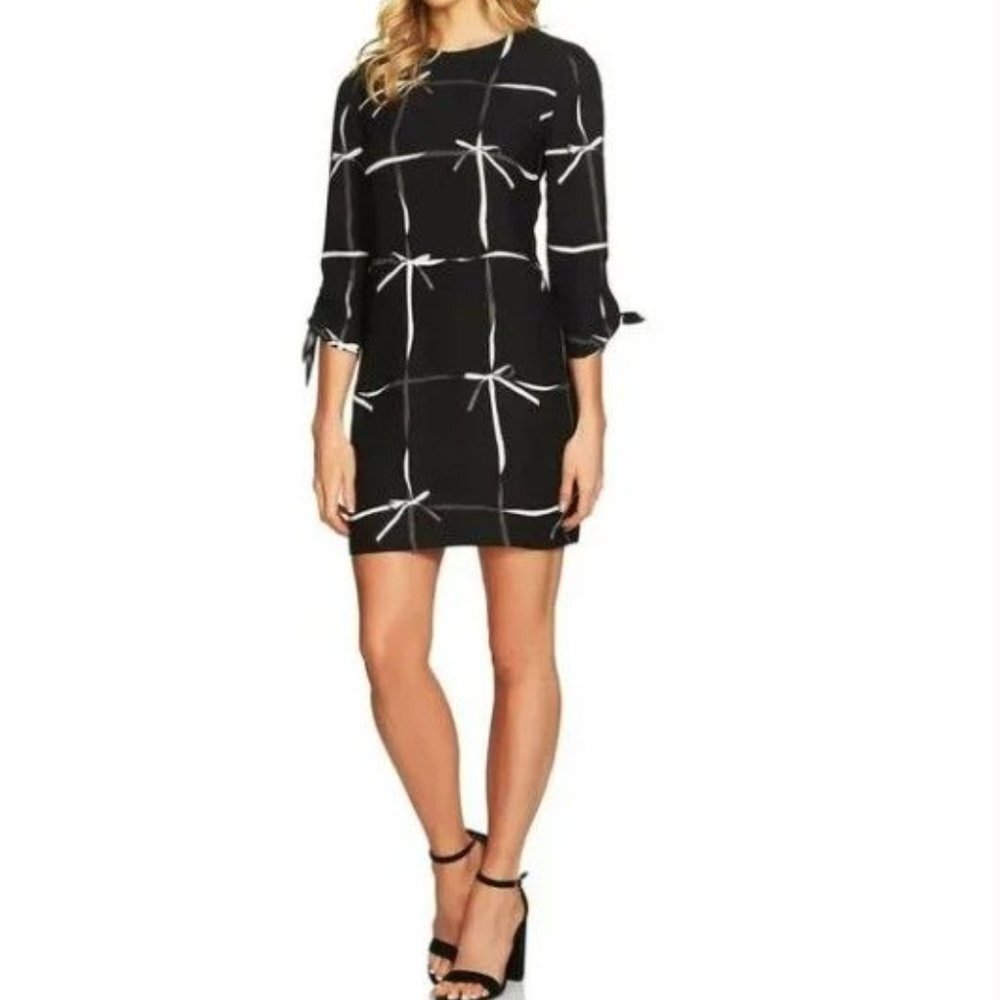 CeCe Black Mini Dress with White Grid Bow Print